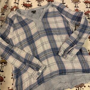 Blue and White Plaid Long Sleeve Blouse Size XL